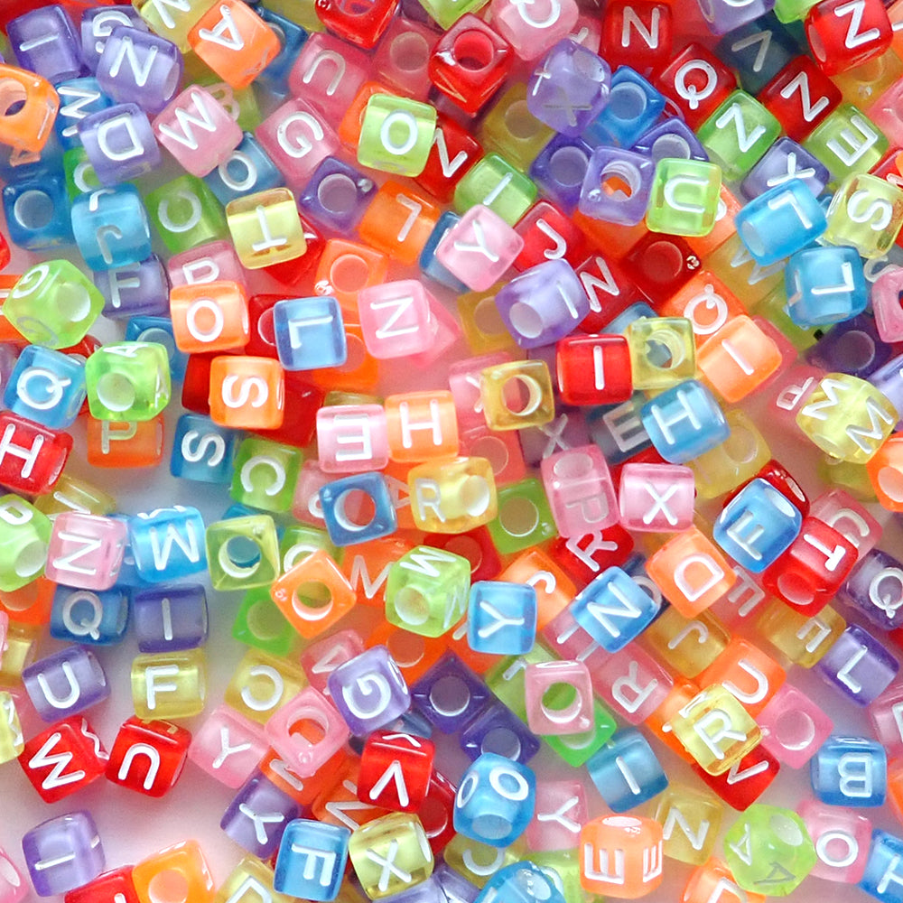 Transparent Color Mix Plastic 6mm Cube Alphabet Beads (White Letters), Random Letters, about 600 beads