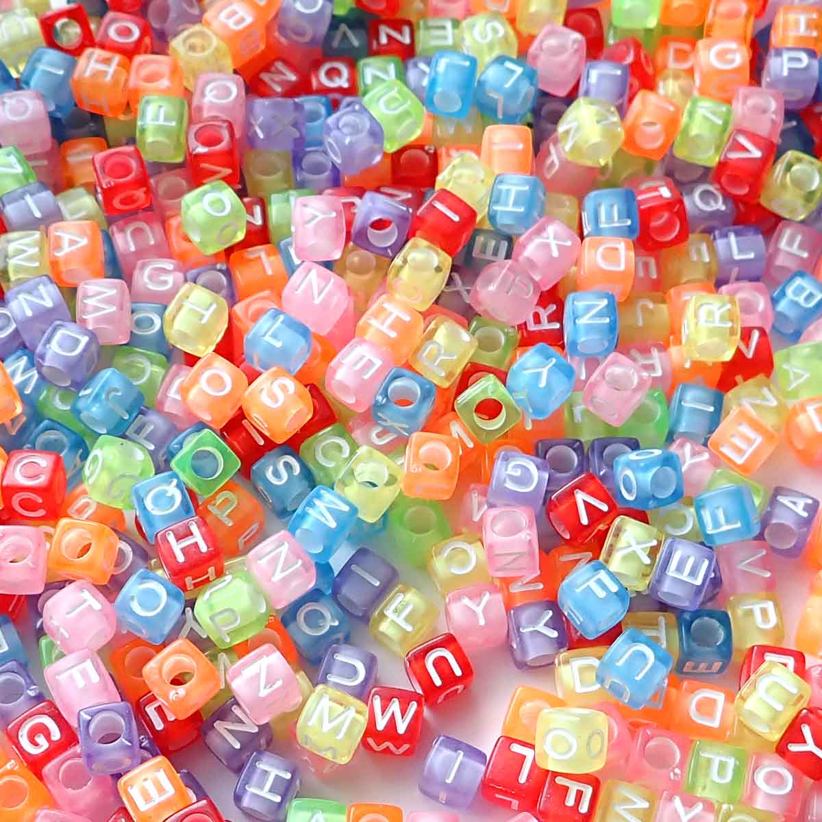 Transparent Color Mix Plastic 6mm Cube Alphabet Beads (White Letters), Random Letters, about 600 beads