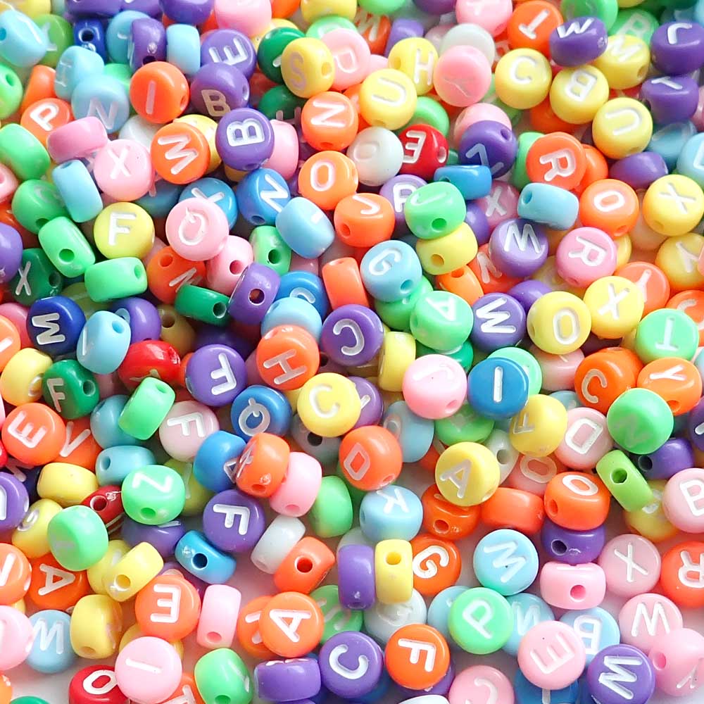 Opaque Color Mix Plastic 7mm Round Alphabet Beads (White Letters), Random Letters, about 600 beads