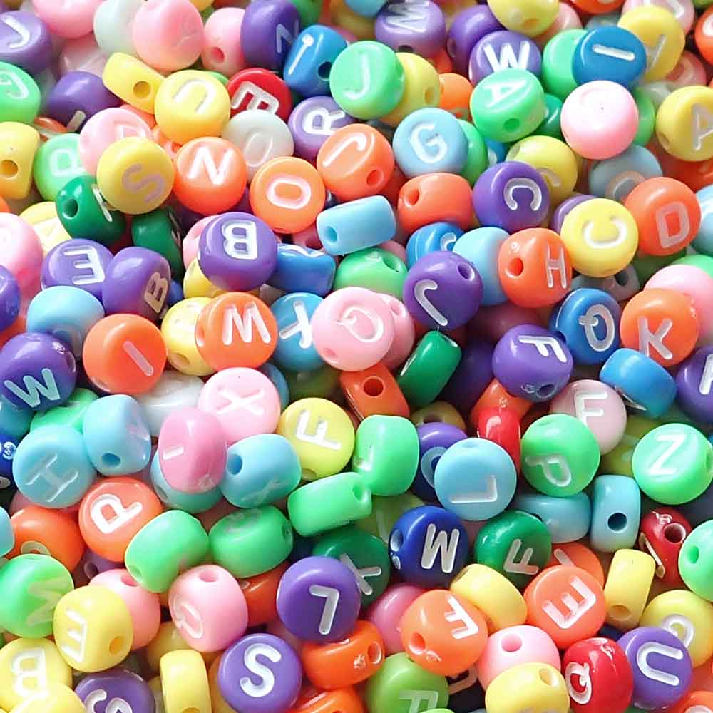 Opaque Color Mix Plastic 7mm Round Alphabet Beads (White Letters), Random Letters, about 600 beads