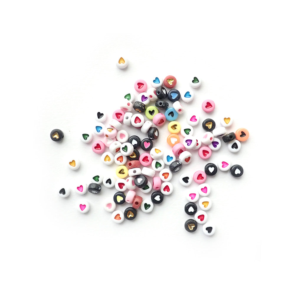 Plastic Round Beads with Hearts, 7mm, Random Colors, about 100 beads