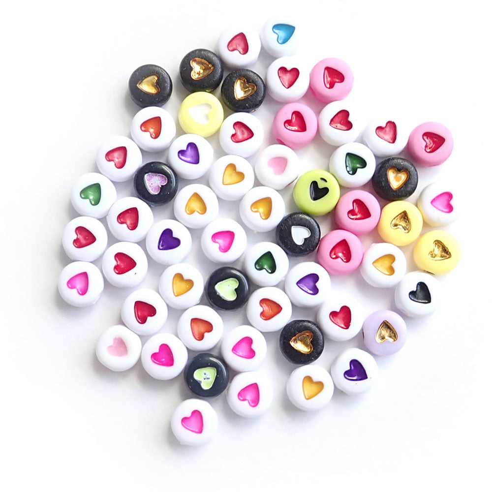 Round Beads with Hearts, 7mm, Random Color Mix, about 100 beads