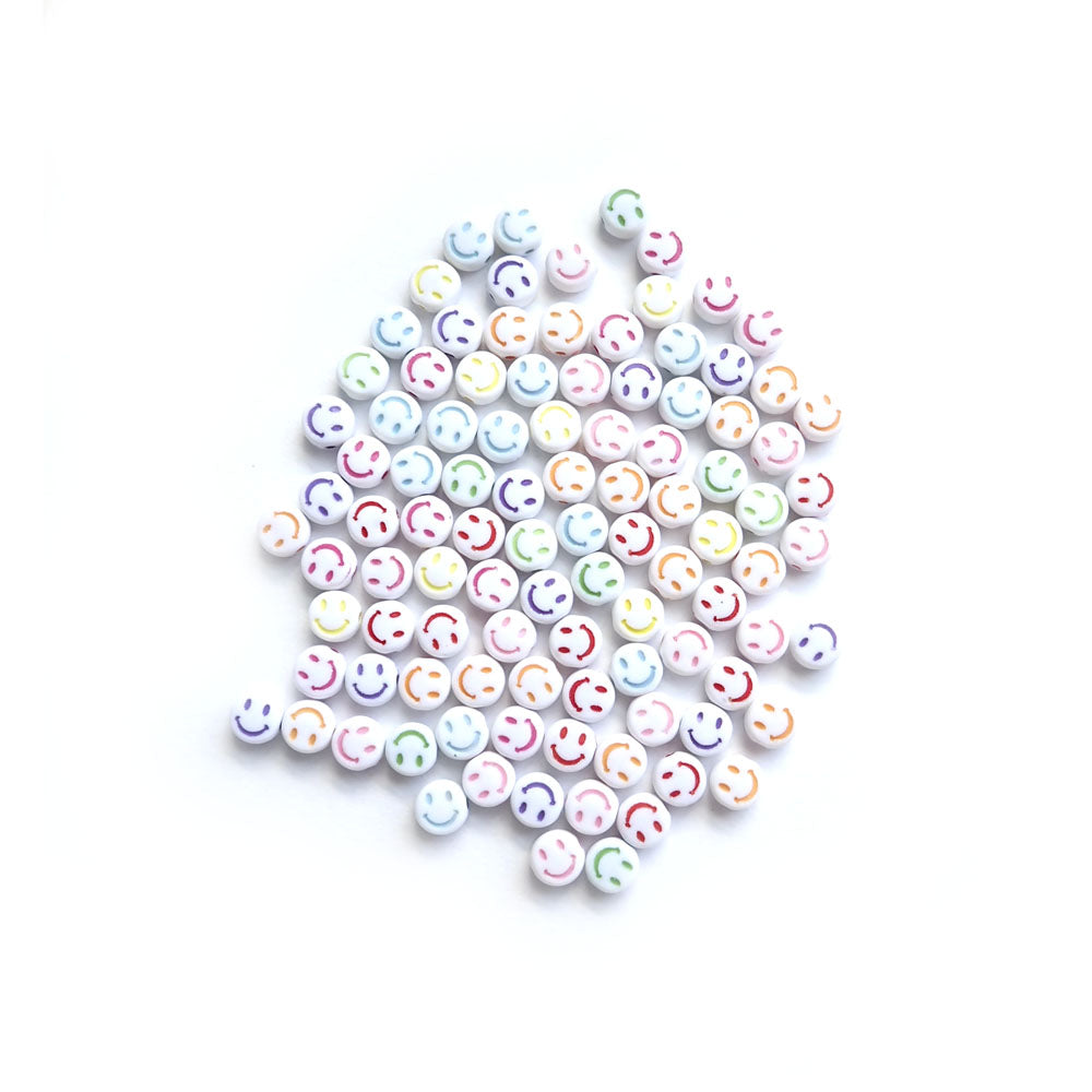 White 7mm Round Beads with Multicolor Smiley Faces, about 100 beads