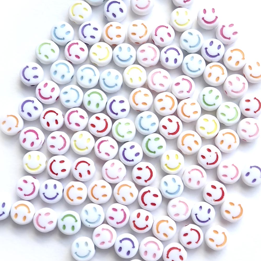 White 7mm Round Beads with Multicolor Smiley Faces, about 100 beads