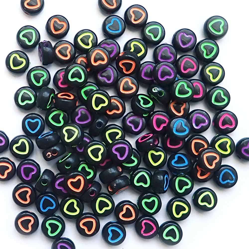 Black 7mm Plastic Round Beads with Neon Hearts, Mix Colors, about 100 beads