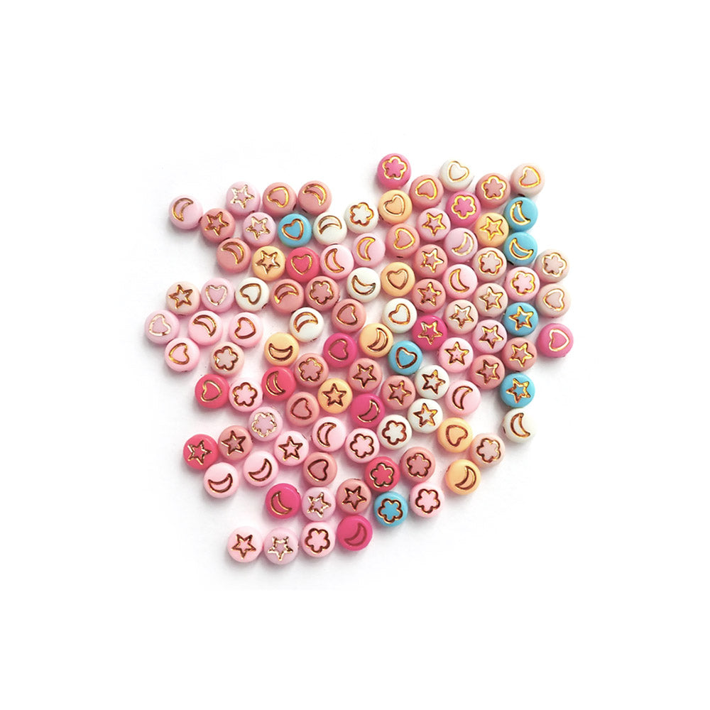 Boho Color Mix 7mm Plastic Round Beads with Design Symbols, about 100 beads