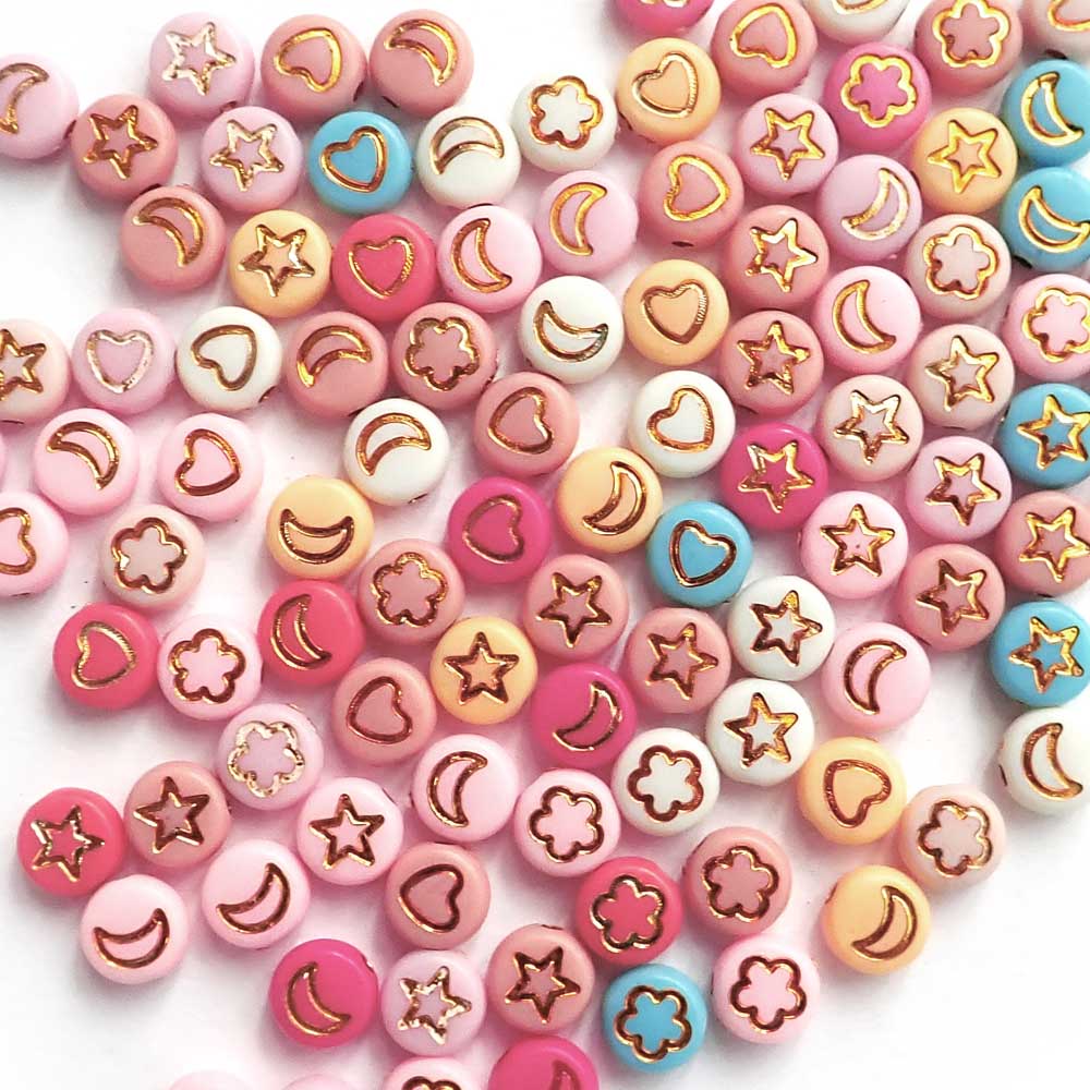 Boho Color Mix 7mm Plastic Round Beads with Design Symbols, about 100 beads