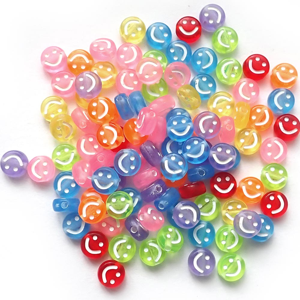 Transparent Colors 7mm Round Beads with Smiley Faces, about 100 beads