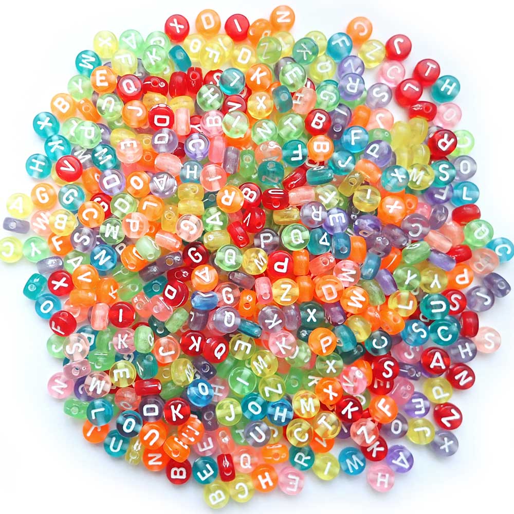 Transparent Color Mix Plastic 7mm Round Alphabet Beads (White Letters), Random Letters, about 500 beads