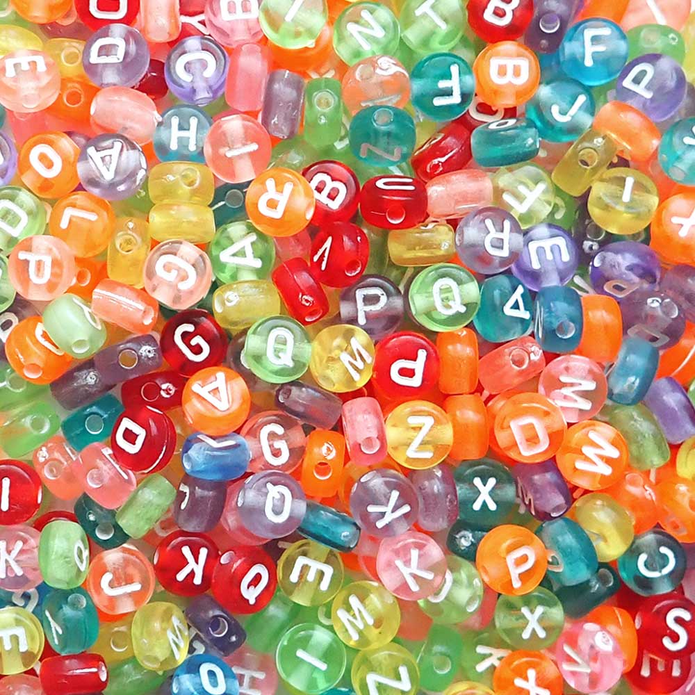 Transparent Color Mix Plastic 7mm Round Alphabet Beads (White Letters), Random Letters, about 500 beads