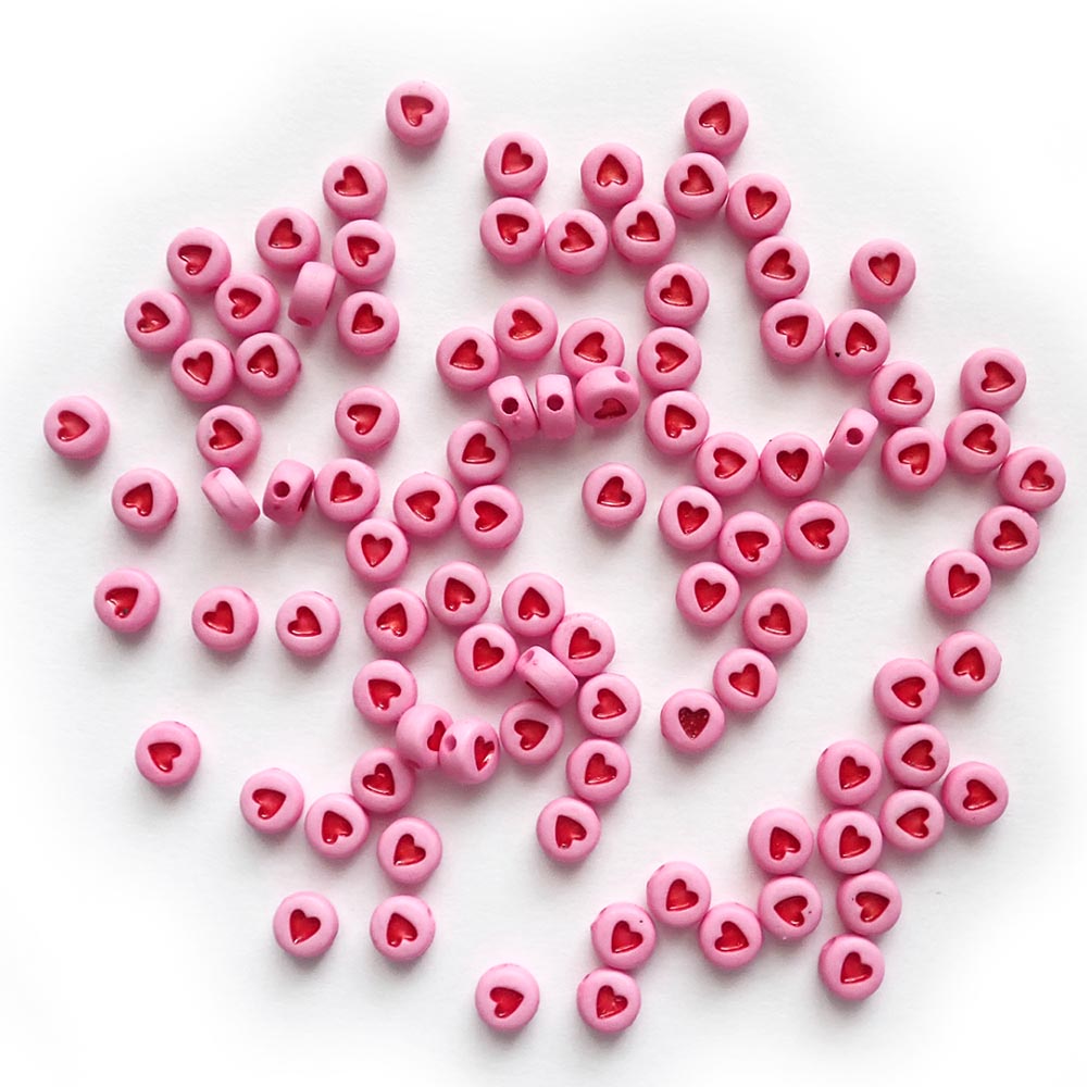 7mm Pink Round Plastic Beads w/ Red Hearts, about 100 beads