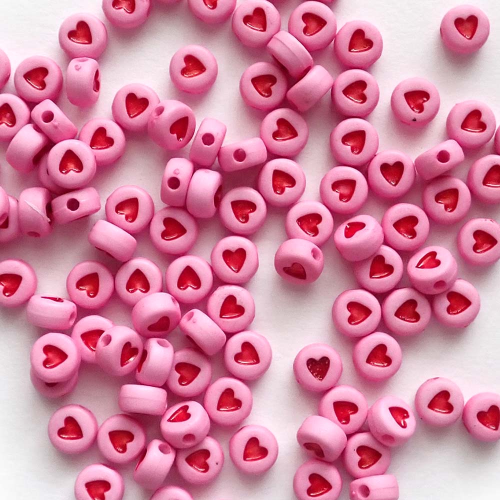 7mm Pink Round Plastic Beads w/ Red Hearts, about 100 beads
