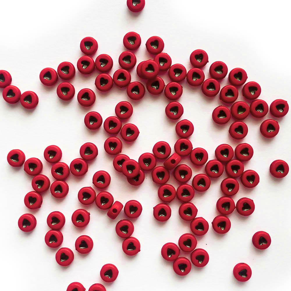 7mm Red Round Plastic Beads w/ Black Hearts, about 100 beads