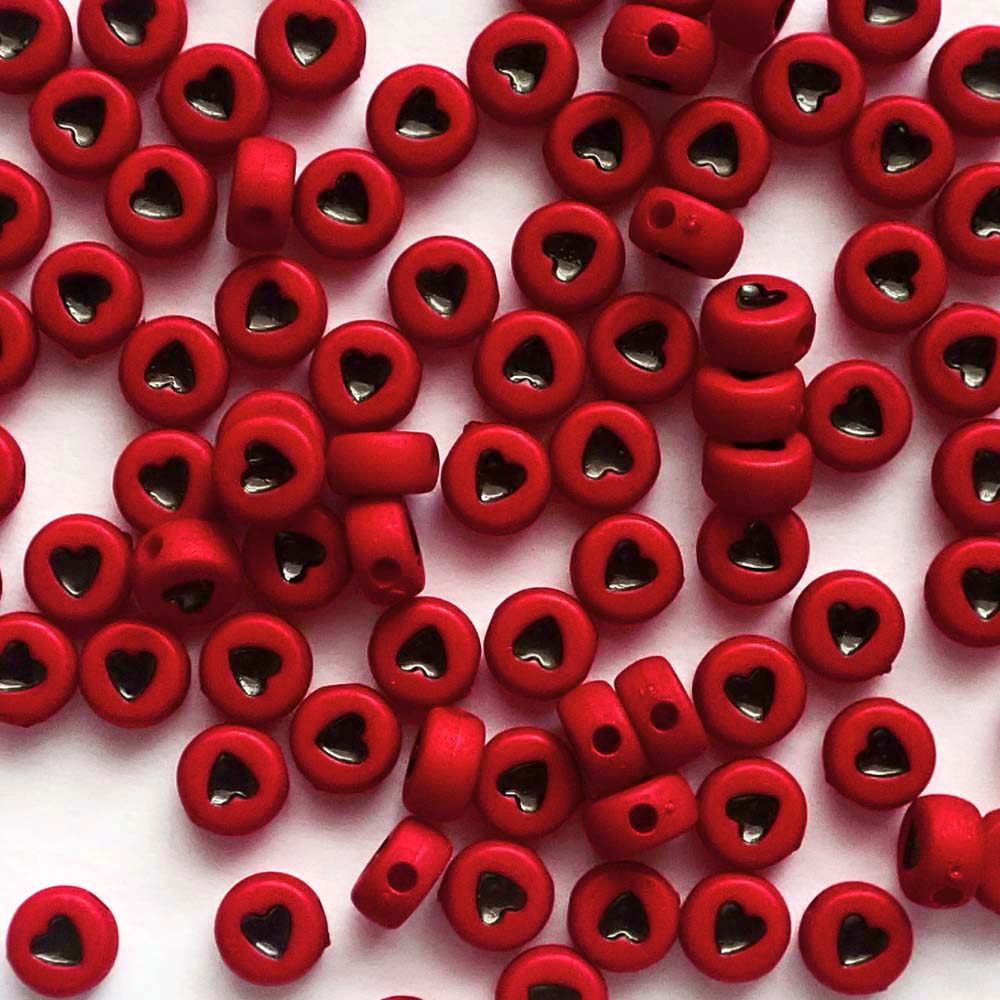 7mm Red Round Plastic Beads w/ Black Hearts, about 100 beads