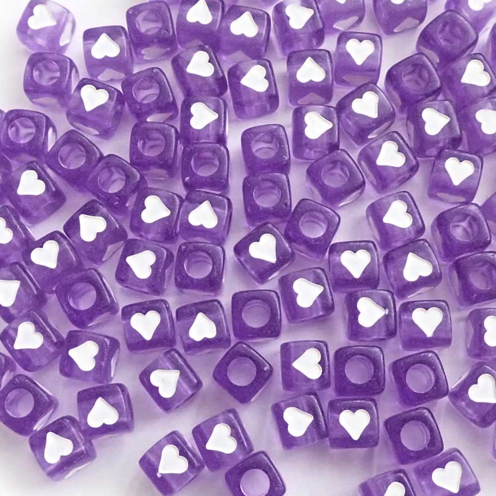 7mm Purple Cube Plastic Beads w/  Hearts, about 100 beads