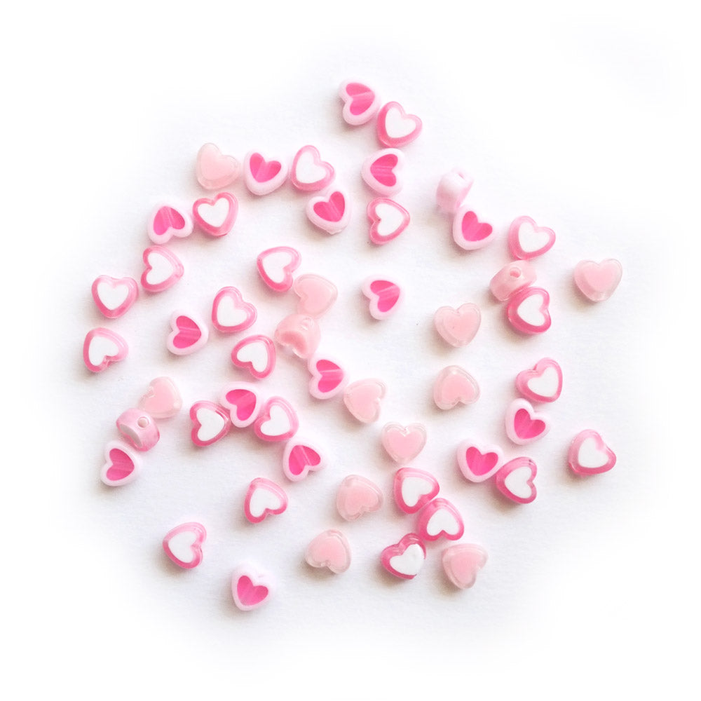 Pink & White Mix Two Tone Plastic Heart Beads, about 50 beads