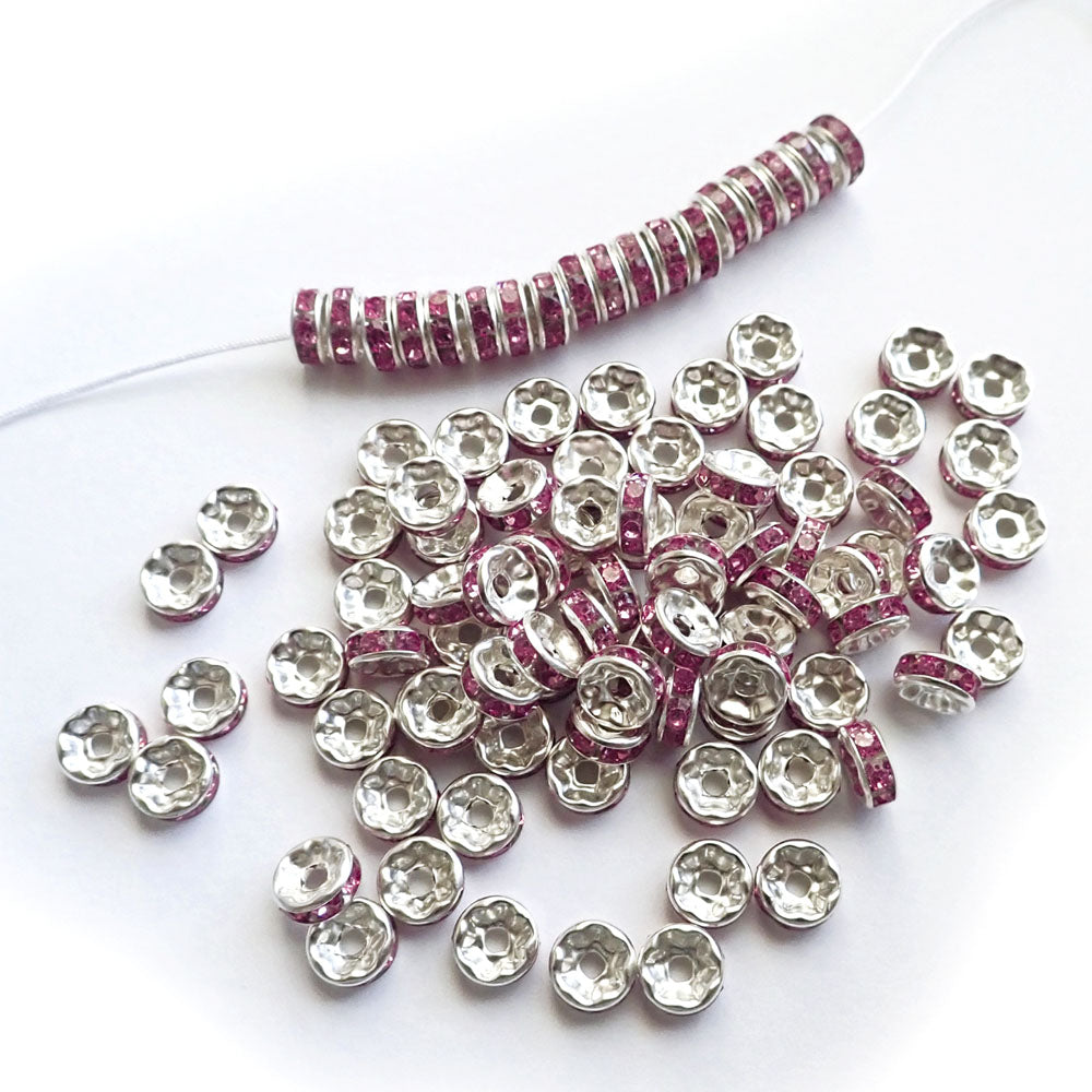 Pink Acrylic Rhinestone Rondelle Beads, 3 x 7mm, about 100 beads