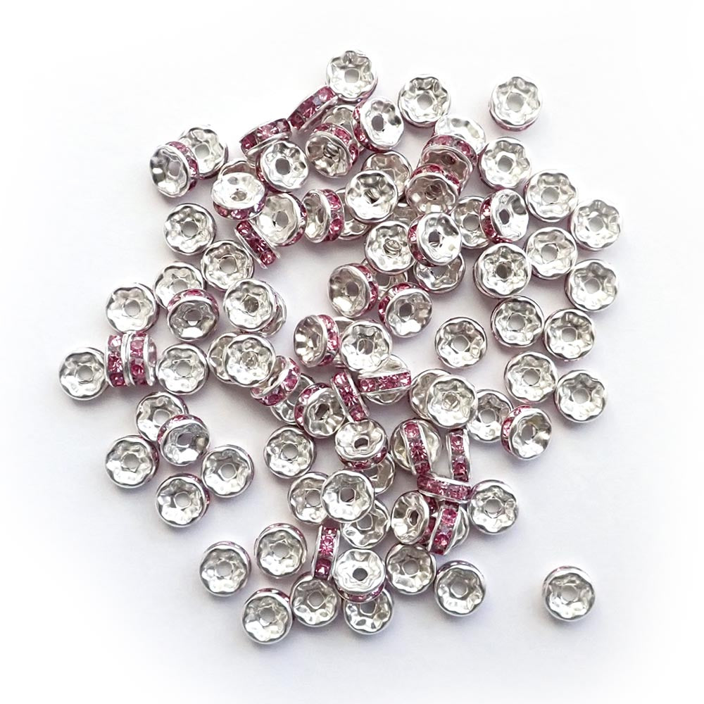 Pink Acrylic Rhinestone Rondelle Beads, 3 x 7mm, about 100 beads