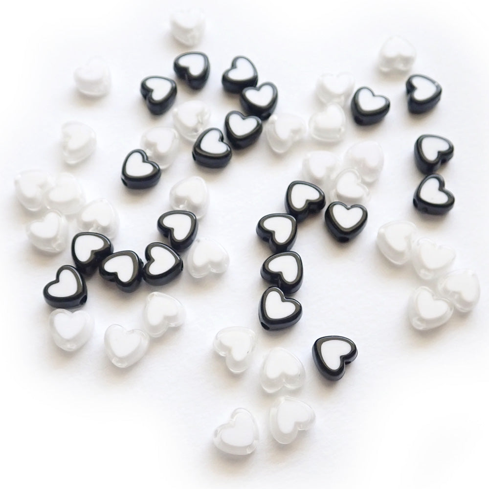 Black &amp; White Mix Two Tone Plastic Heart Beads, about 50 beads