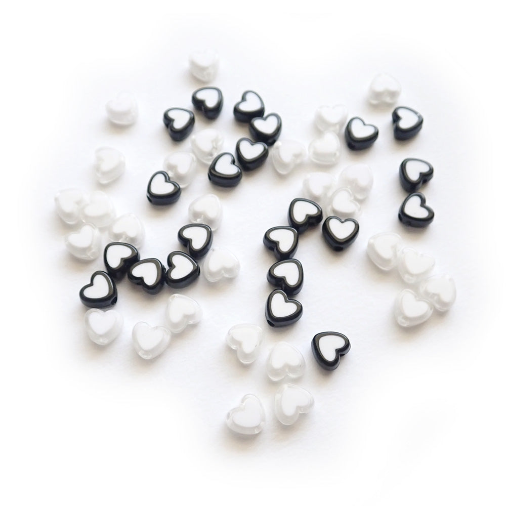 Black & White Mix Two Tone Plastic Heart Beads, about 50 beads