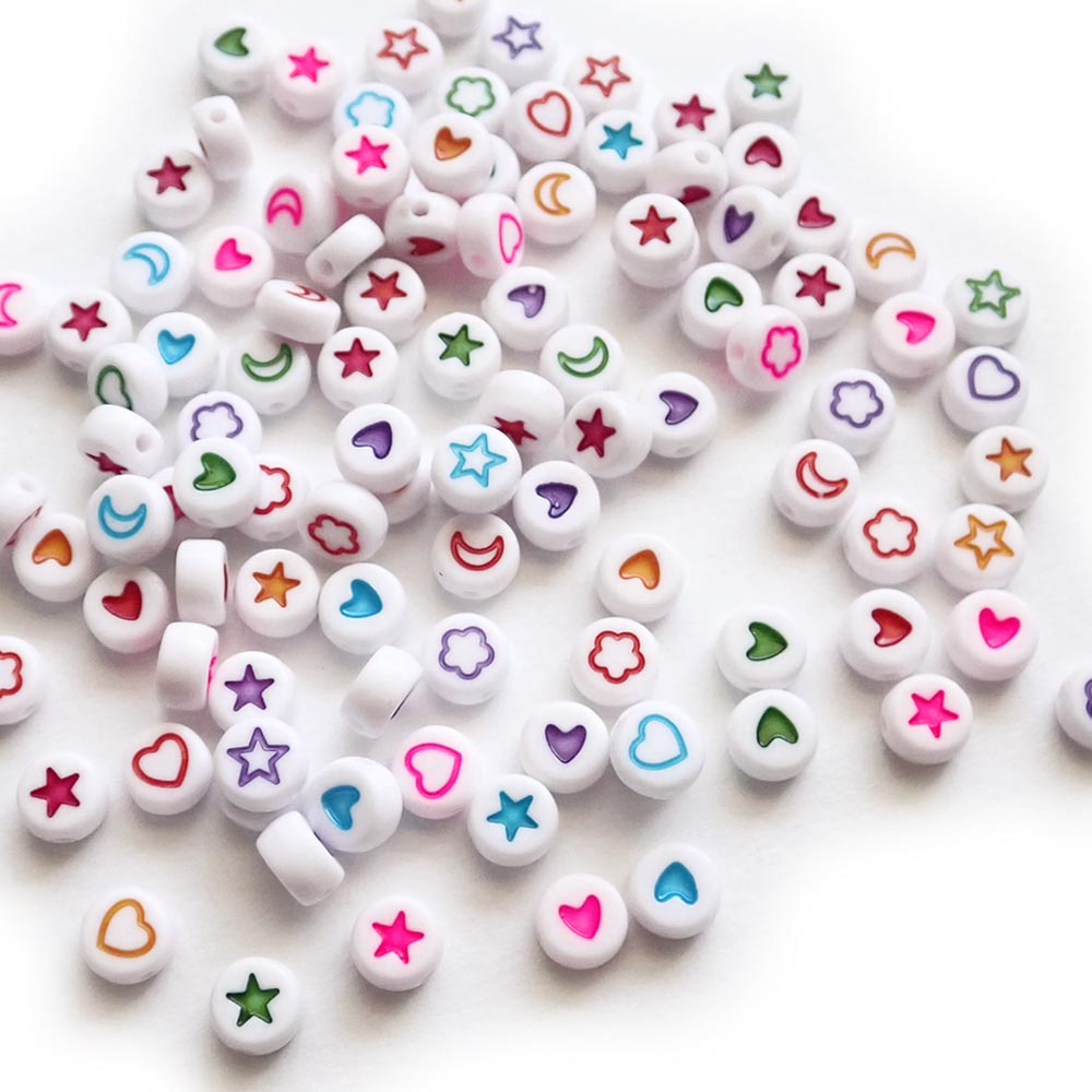 White Round Plastic Beads w/ Design Symbols, about 100 beads