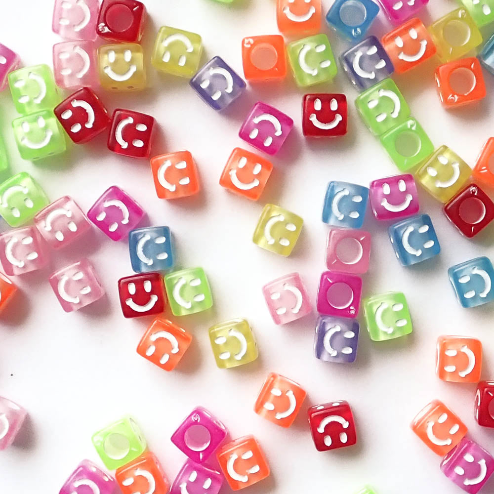 Smiley Face Cube Plastic Beads, Multicolor Mix, about 100 beads
