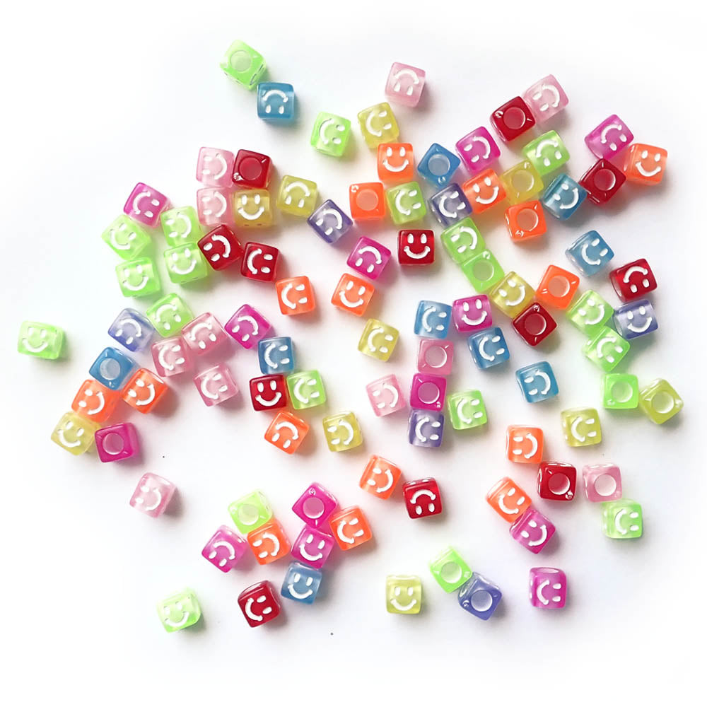 Smiley Face Cube Plastic Beads, Multicolor Mix, about 100 beads