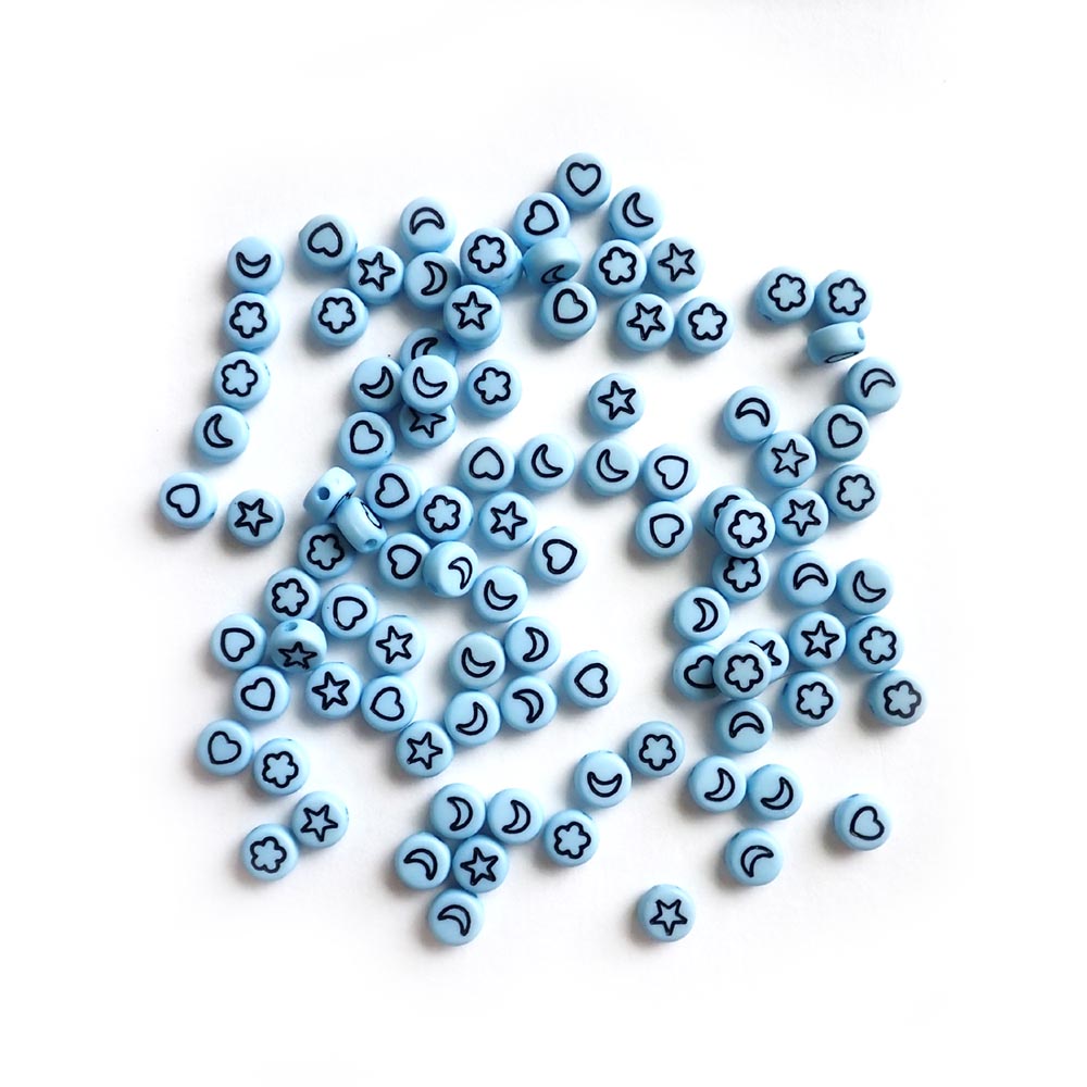 Light Blue 7mm Plastic Round Beads with Design Symbols, about 100 beads