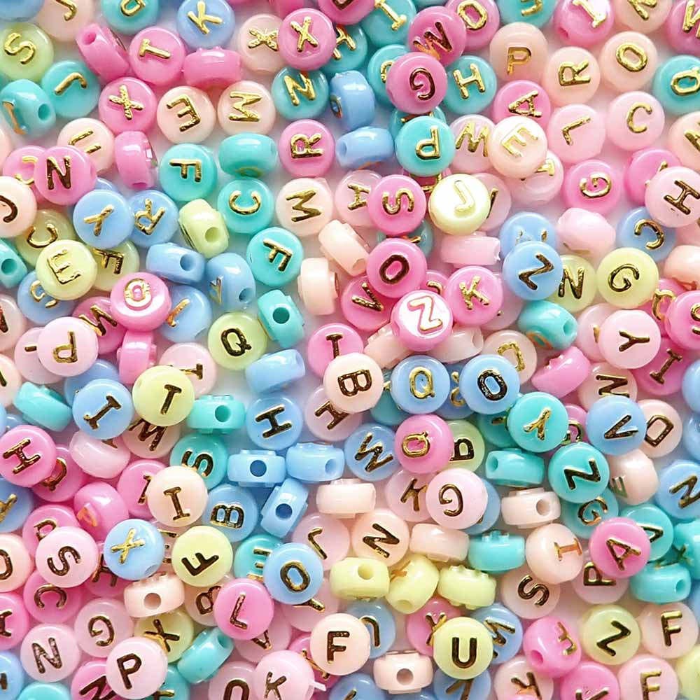 Pastel Mix Plastic 7mm Round Alphabet Beads (Gold Letters), Random Letters, about 400 beads