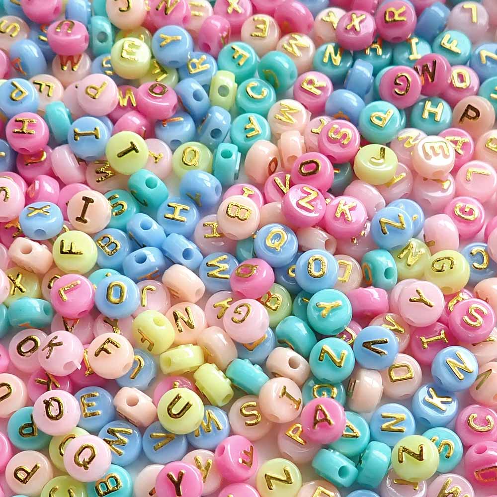 Pastel Mix Plastic 7mm Round Alphabet Beads (Gold Letters), Random Letters, about 400 beads