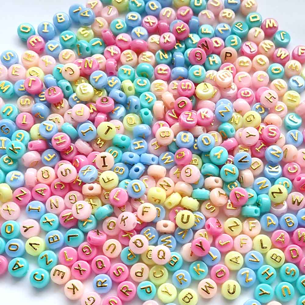 Pastel Mix Plastic 7mm Round Alphabet Beads (Gold Letters), Random Letters, about 400 beads