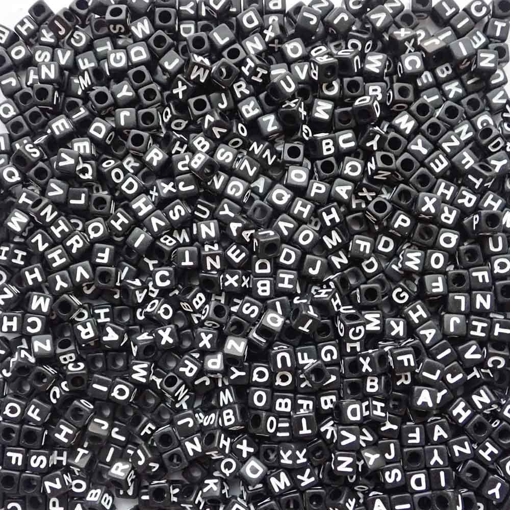 Plastic Black Alphabet Beads, Random Mix, (Horizontal) 6mm Cube, 800 beads