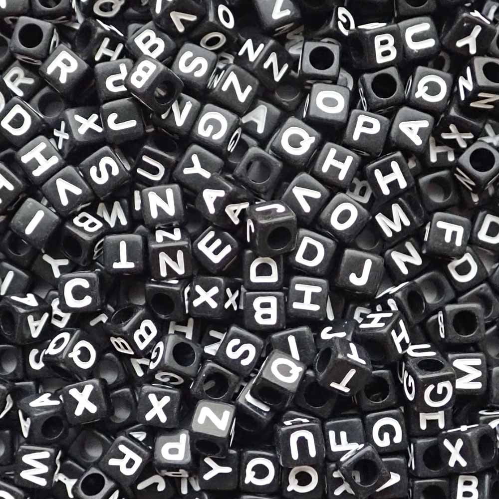 Plastic Black Alphabet Beads, Random Mix, (Horizontal) 6mm Cube, 800 beads