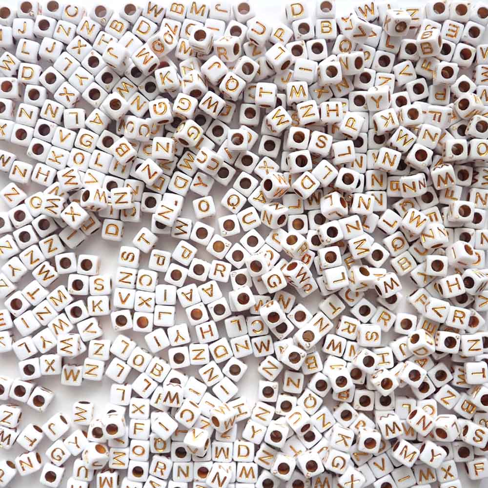 Plastic White & Gold Plastic Alphabet Beads, Random Letters, 6mm Cube, about 600 beads