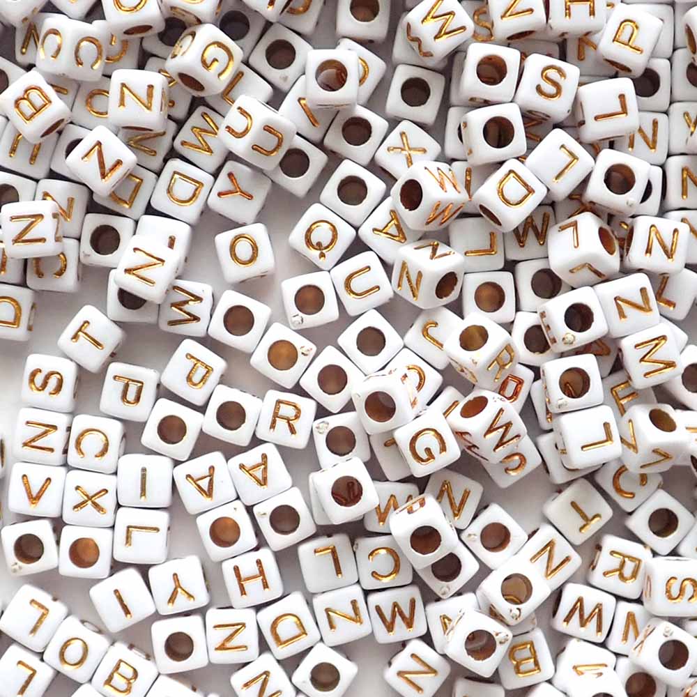 Plastic White & Gold Plastic Alphabet Beads, Random Letters, 6mm Cube, about 600 beads