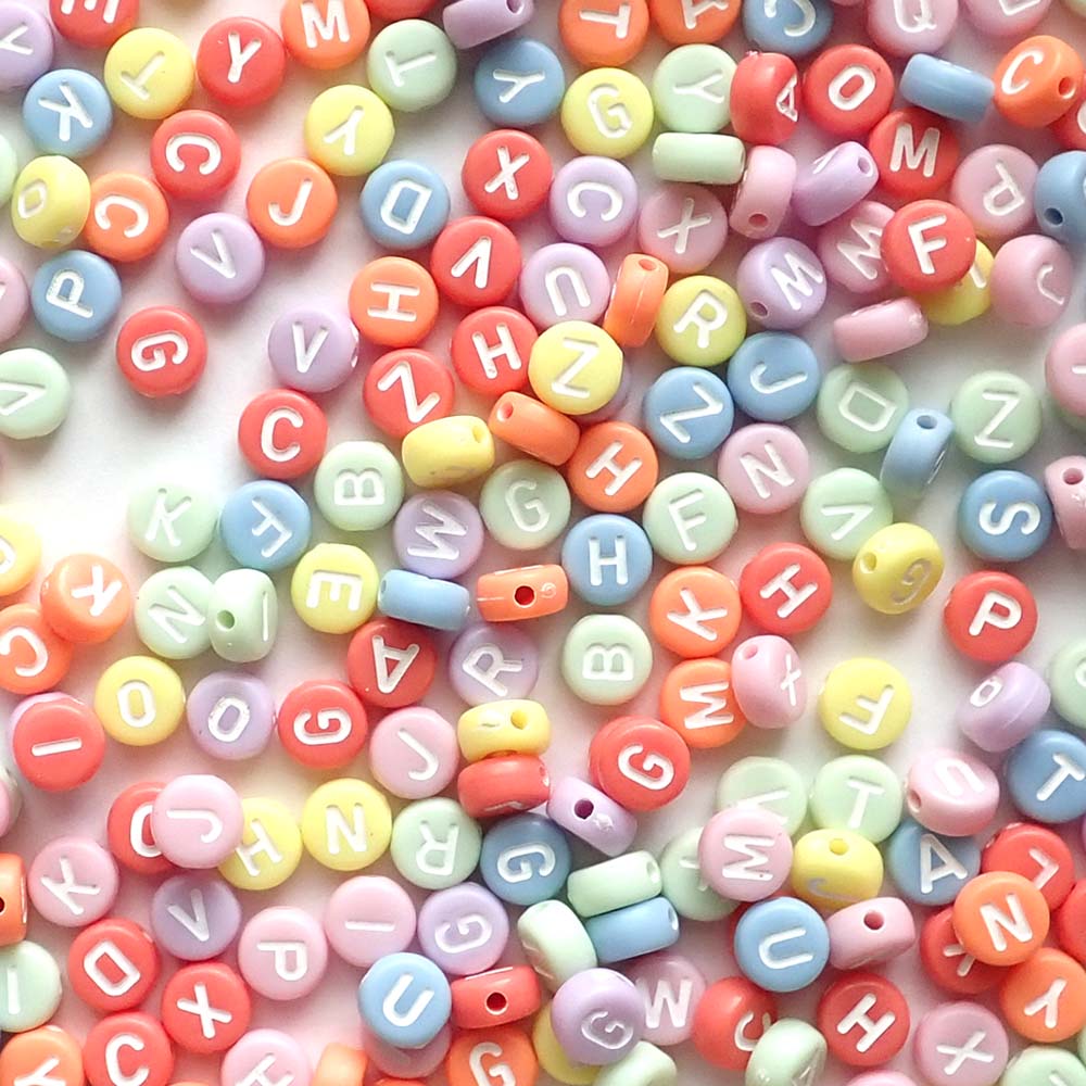 Bright Pastel Op Color Mix Plastic 7mm Round Alphabet Beads (White Letters), Random Letters, about 480 beads