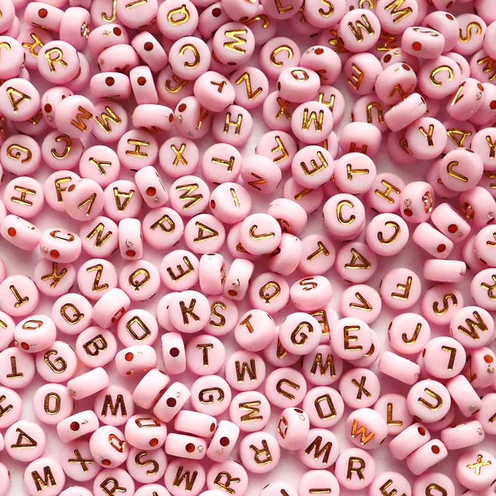 Pink Op Plastic 7mm Round Alphabet Beads (Gold Letters), Random Letters, about 500 beads