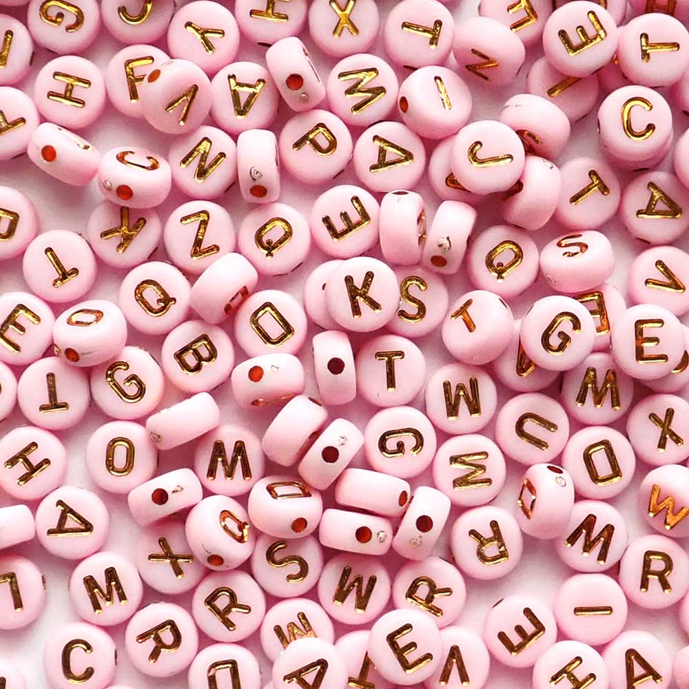 Pink Op Plastic 7mm Round Alphabet Beads (Gold Letters), Random Letters, about 500 beads