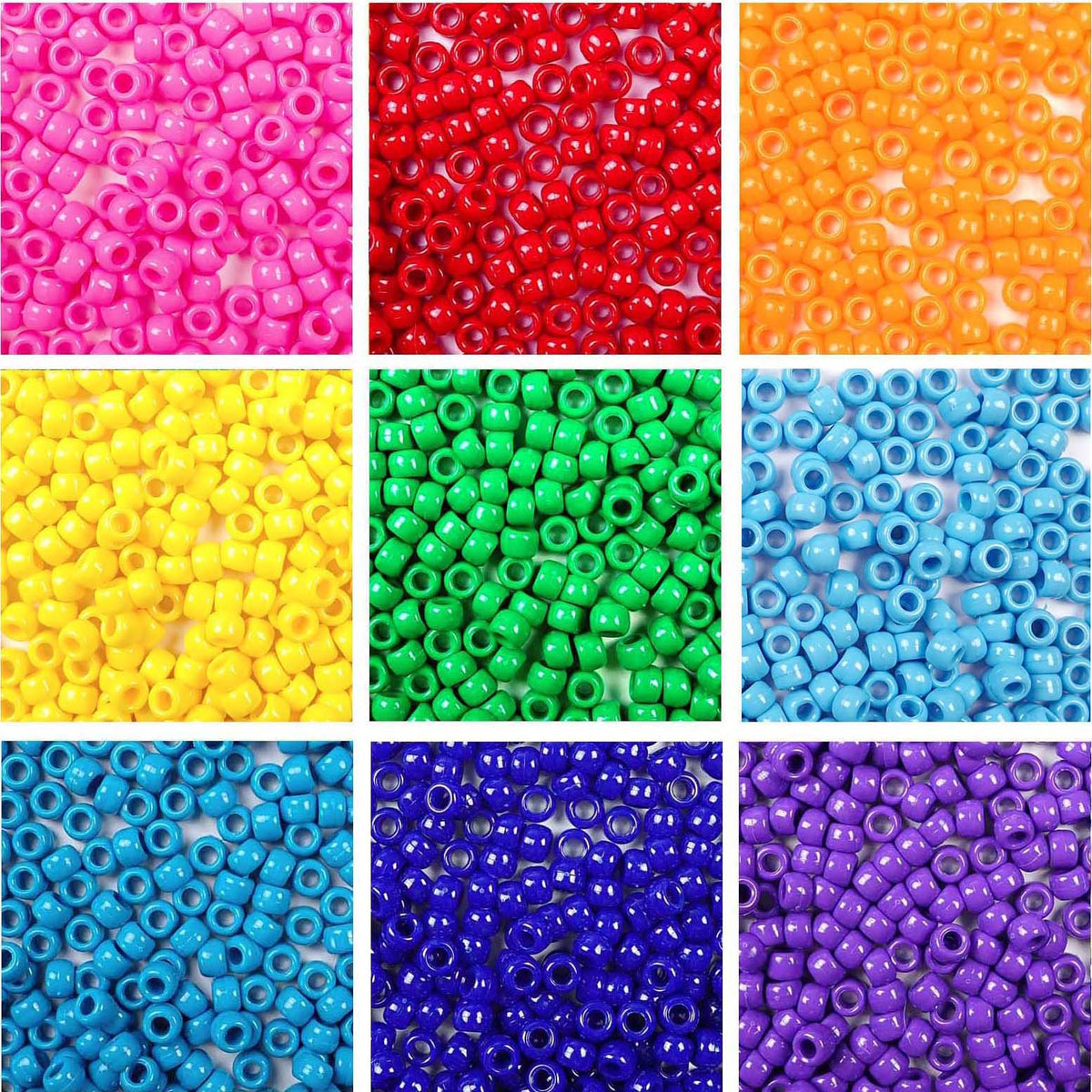 9 Opaque Colors Plastic Pony Beads. Size 6 x 9mm. Craft Beads.