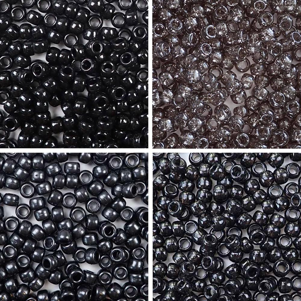 4 Different Shades of Black Plastic Pony Beads. Size 6 x 9 mm. Craft Beads. Made in the USA.