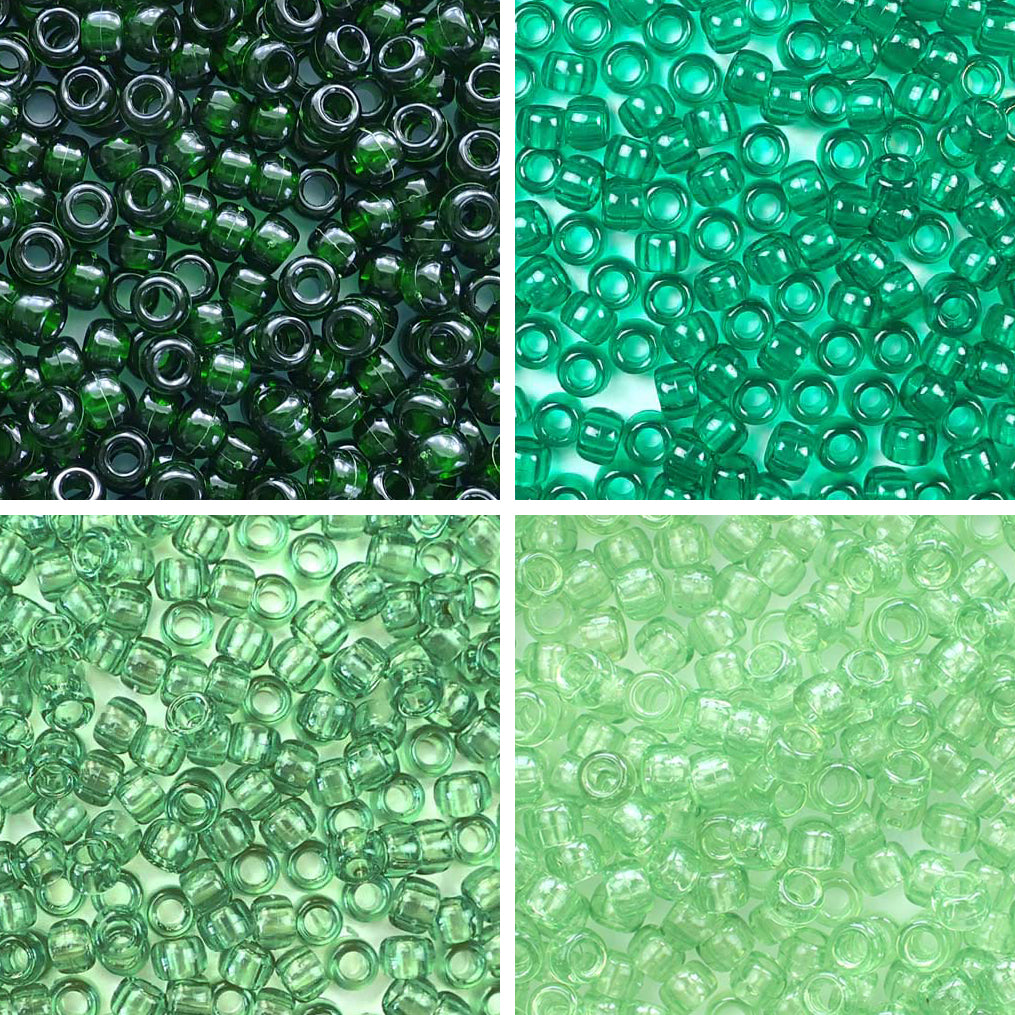 Green Jewel Tones 4 Color Kit, Plastic Pony Beads 6 x 9mm, 1000 beads