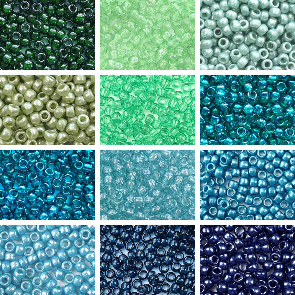 Blue Green Jewel Tone 12 Color Kit, Plastic Pony Beads 6 x 9mm, 1800 Beads