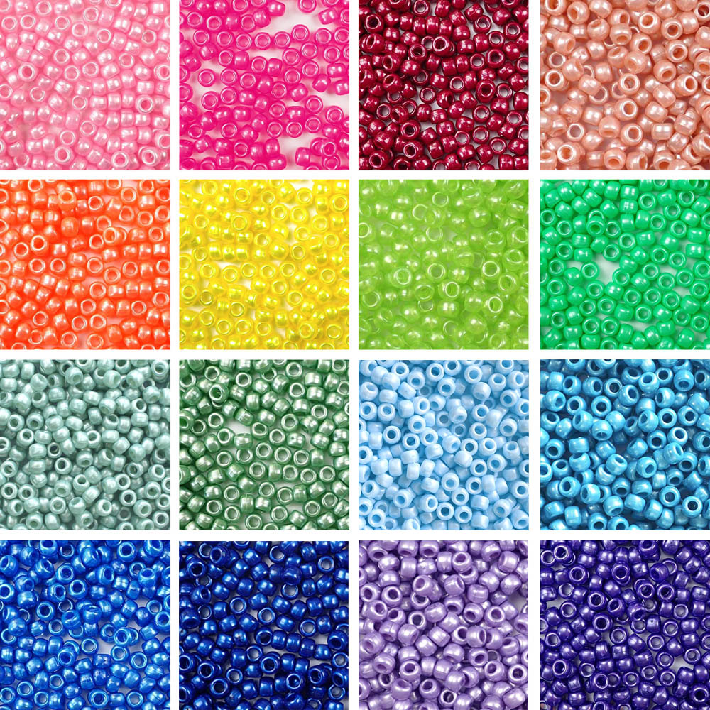 Rainbow Pearl Pony Bead Kit, 16 Colors, Plastic Pony Beads 6 x 9mm, 2400 beads
