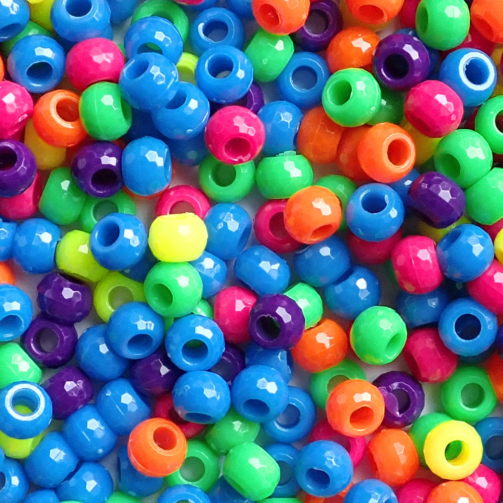 Neon Mix Faceted Jewel Plastic Pony Beads 6 x 9mm, 500 beads