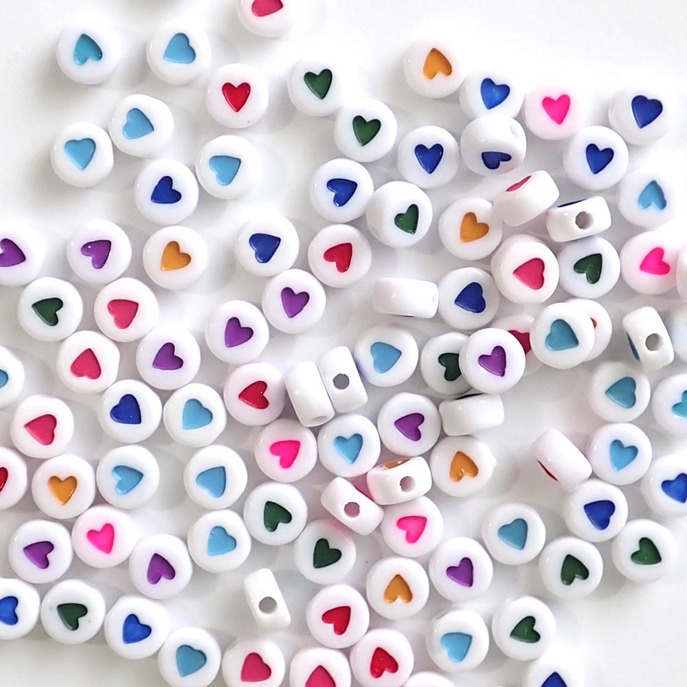 Plastic White 7mm Round Heart Beads, Random Colors, about 75 beads