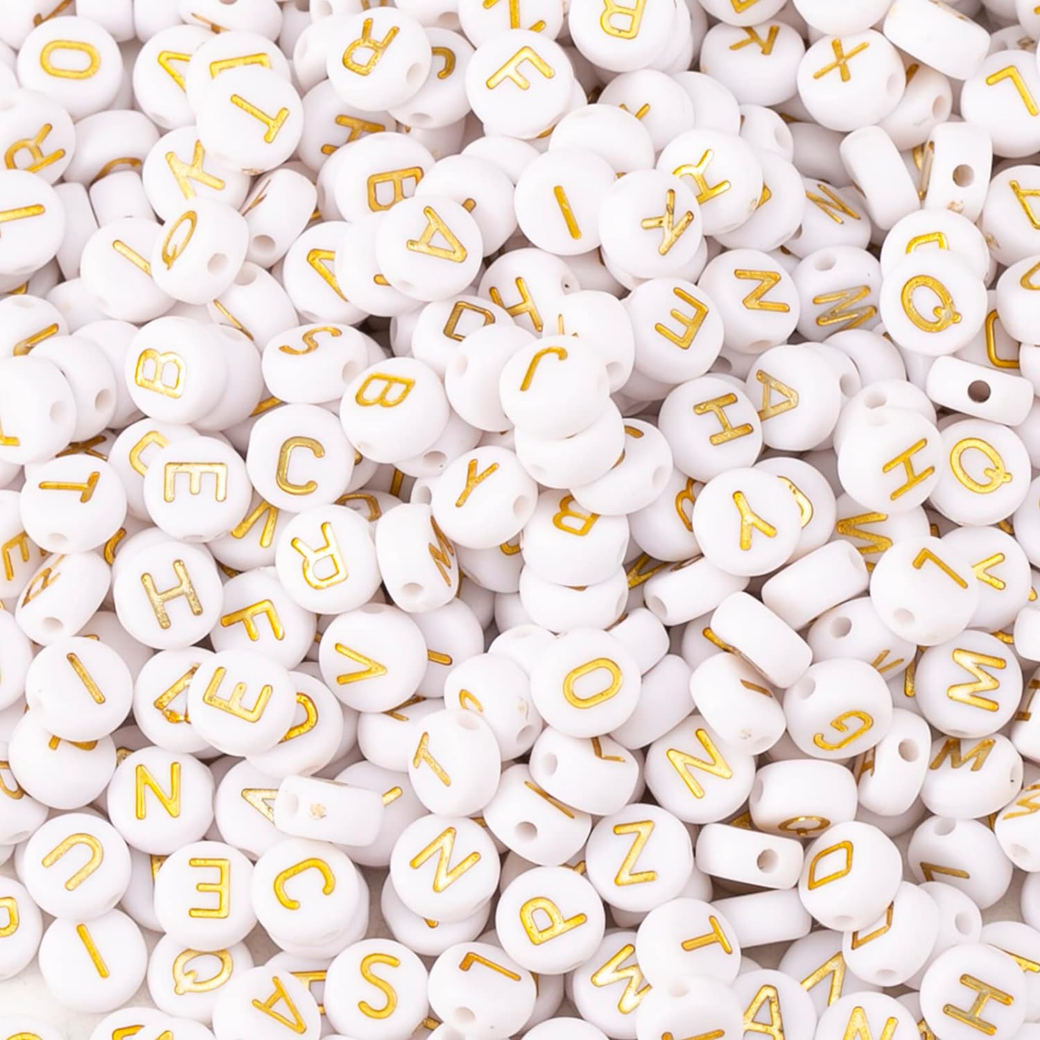Plastic White 7mm Round Alphabet Beads, Gold Single Letters, 100 beads