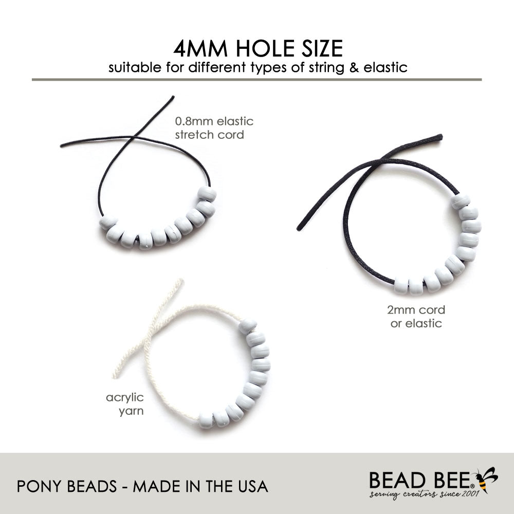 chart showing pony beads with different types of string, elastic & cord