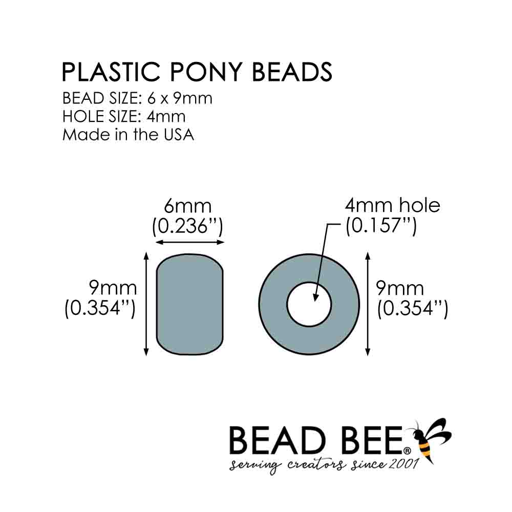 Plastic Pony Beads. Size 6 x 9 mm. Diagram with dimensions.
