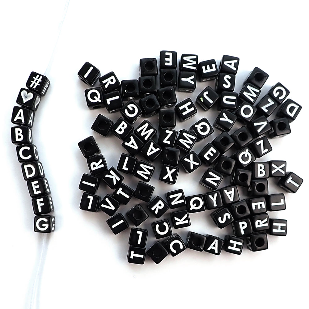Plastic Black 8mm Cube Vertical Hole Alphabet Beads, Single Letters, 35 beads