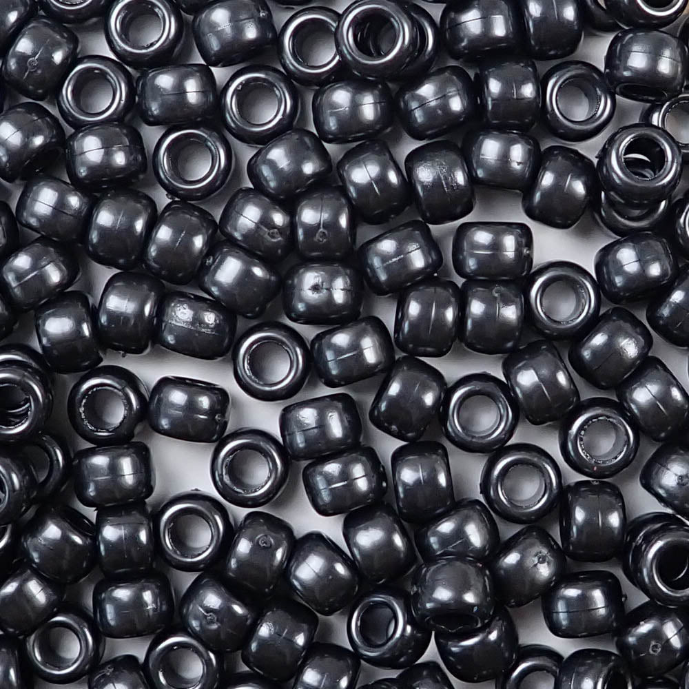 Black Pearl Plastic Pony Beads. Size 6 x 9 mm. Craft Beads. Made in the USA.